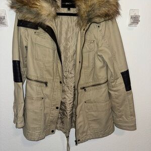 BNCI Women's Tan Utility Jacket with Faux Fur Trim